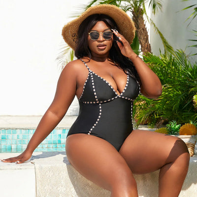 Bañador negro plus size con estampado-Diabolique.es