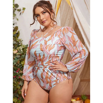 Bañador plus size con manga larga y estampado de hojas-Diabolique.es