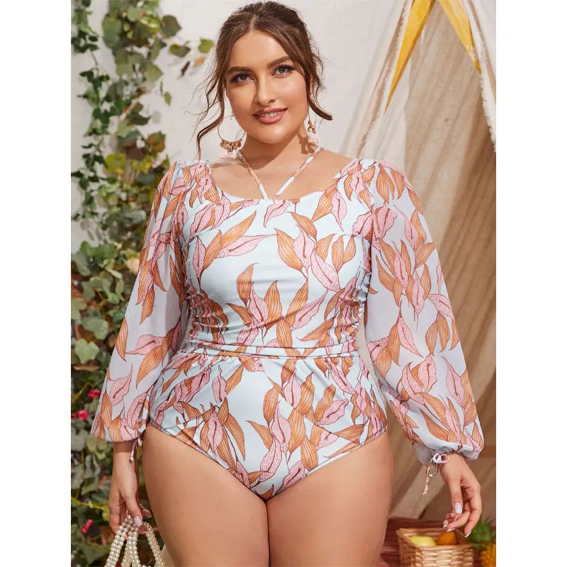 Bañador plus size con manga larga y estampado de hojas-Diabolique.es