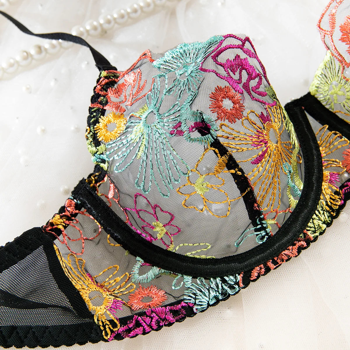 Conjunto de lingerie de renda multicolorida