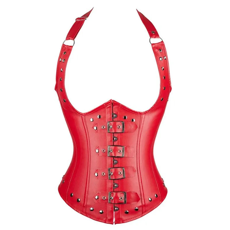 Corset en simili cuir avec boucles et décolleté ouvert