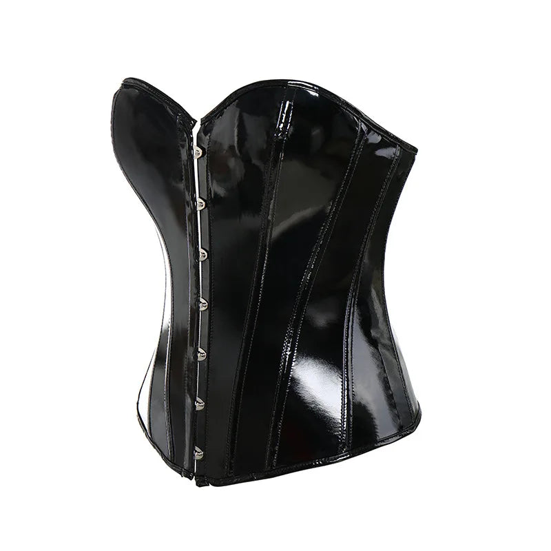 Sexy PVC Bustier Corset Preto Brilhante Couro PU Steampunk Corset BodyShaper Fivelas Senhoras Roupa Interior Lingerie Overbust Corset Top