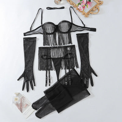 Conjunto de lingerie com franjas e meias Evie